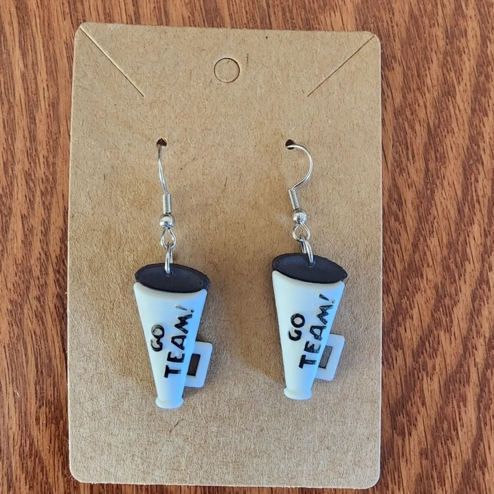 Go Team White Megaphones Cheerleader Stainless Steel Fishhook Earrings